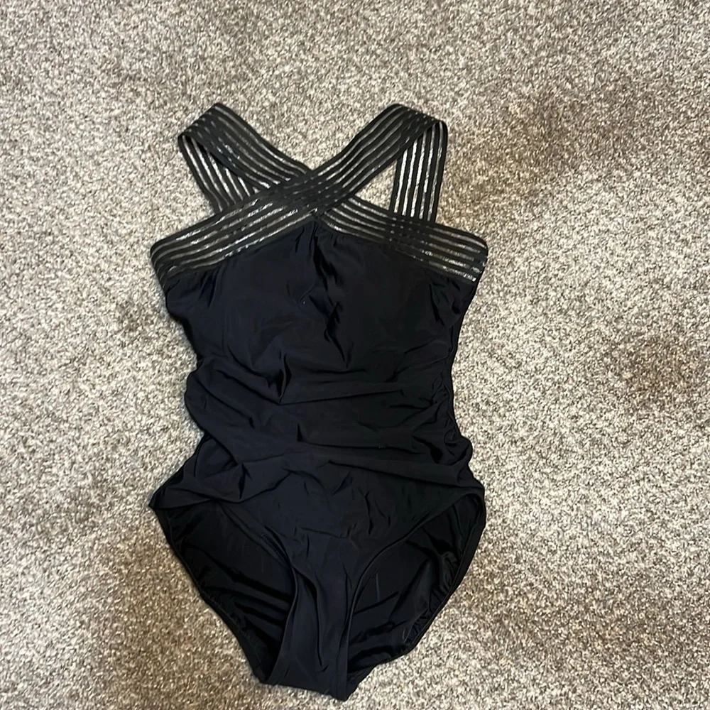 Aqua Green Black Crossover Neckline One Piece‎ Bathing Suit size Small